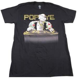 Popeye Shirt Mens Medium Black DJ Turntables Graphic Cartoon Tee Streetwear